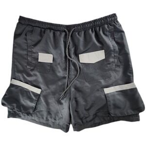Reason Mens Cargo Swim Shorts Large Black Reflective Techwear Beach Trunks